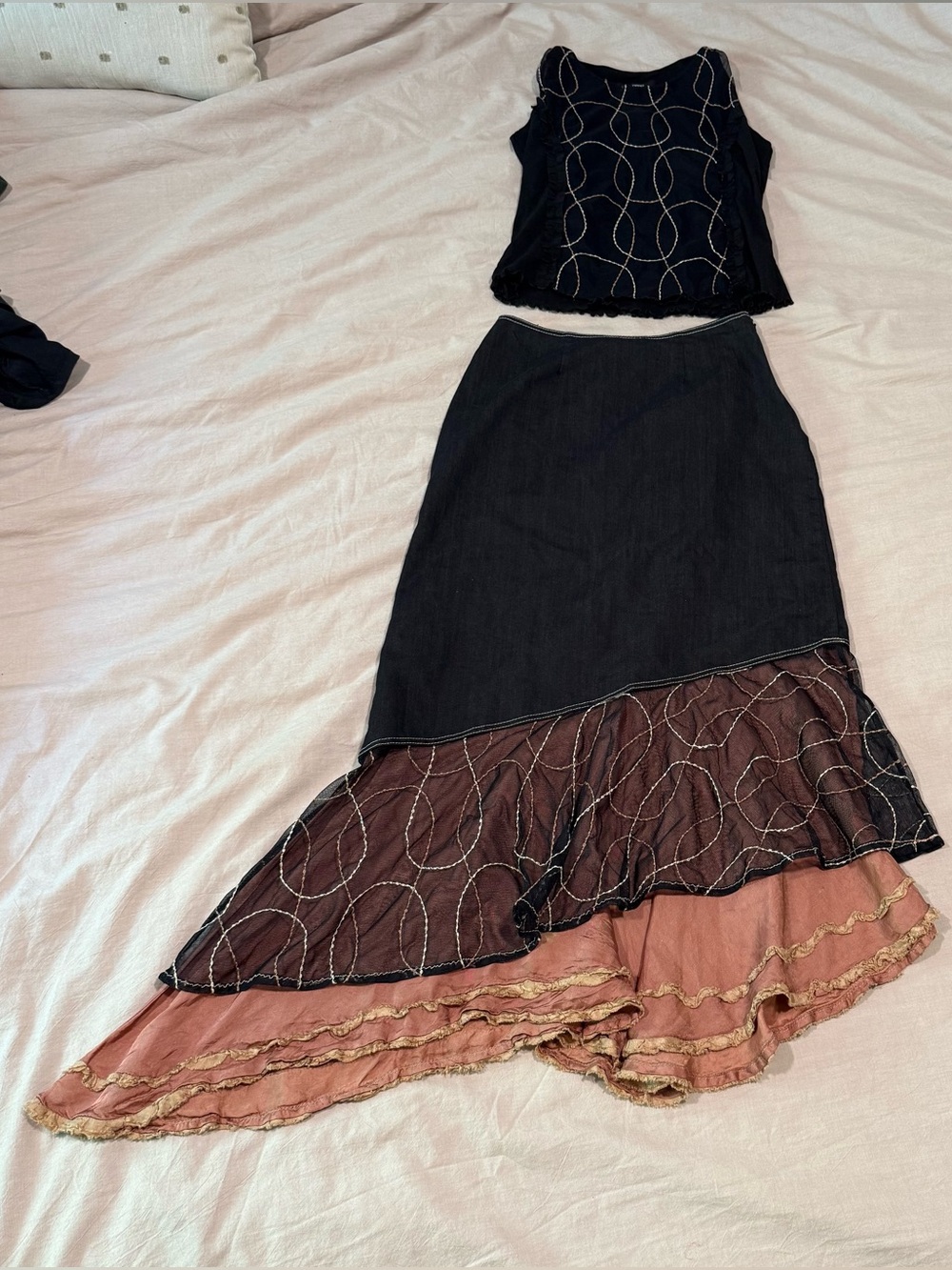 Designer Oppio Set Small Bohemian Festival Hippie Black Denim Skirt Tank Top
